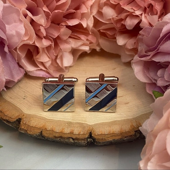 Classic Blue, Silver and Black Stripe Cufflinks - Picture 5 of 15